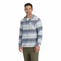 Simms Santee Flannel Hoody -Karl’s Baits Shop simms navy storm steelbluestripe santeeflannelhoody modelfront 50 99 sim 10025n